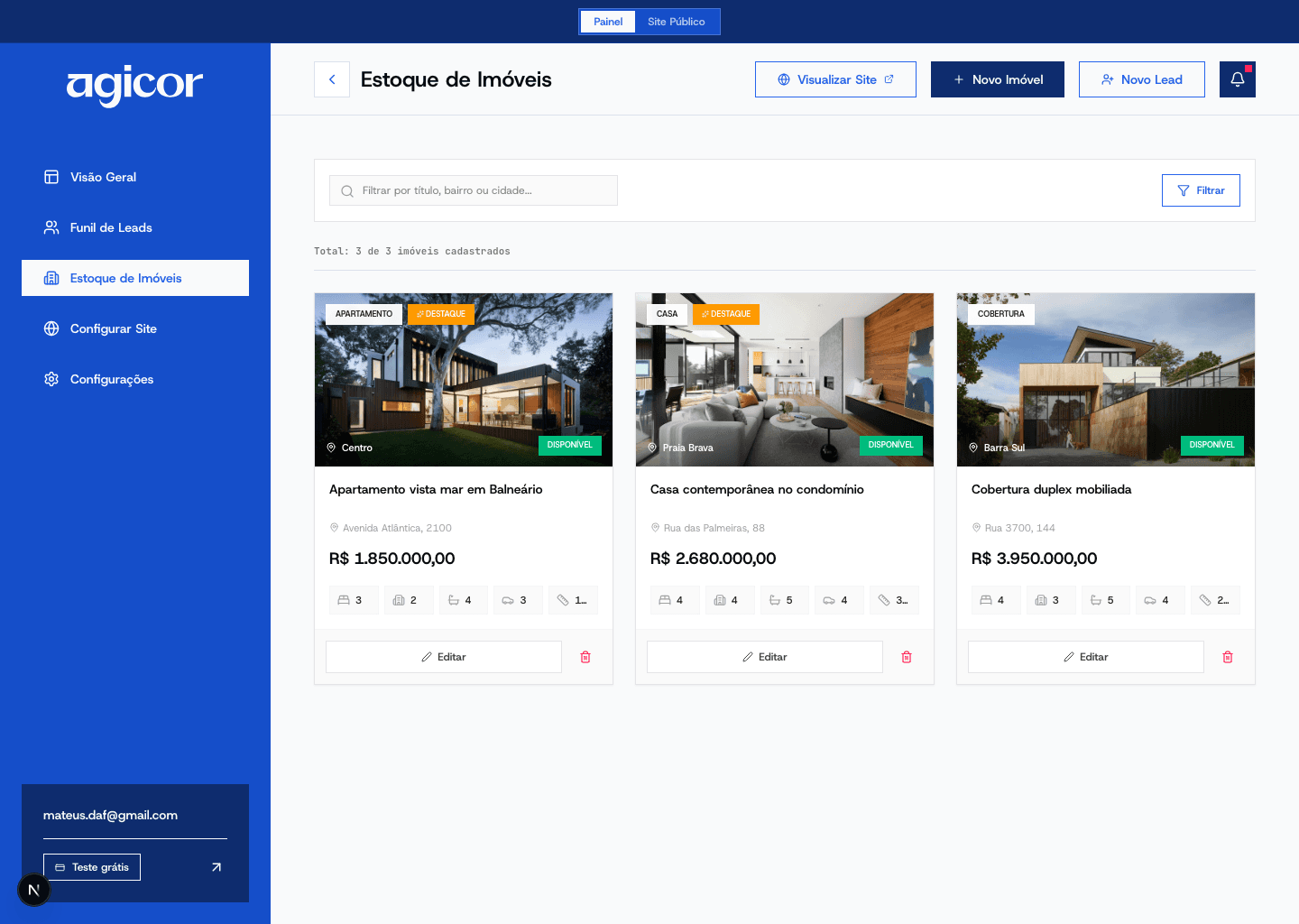 Agicor: estoque de imóveis com fotos e informações das propriedades