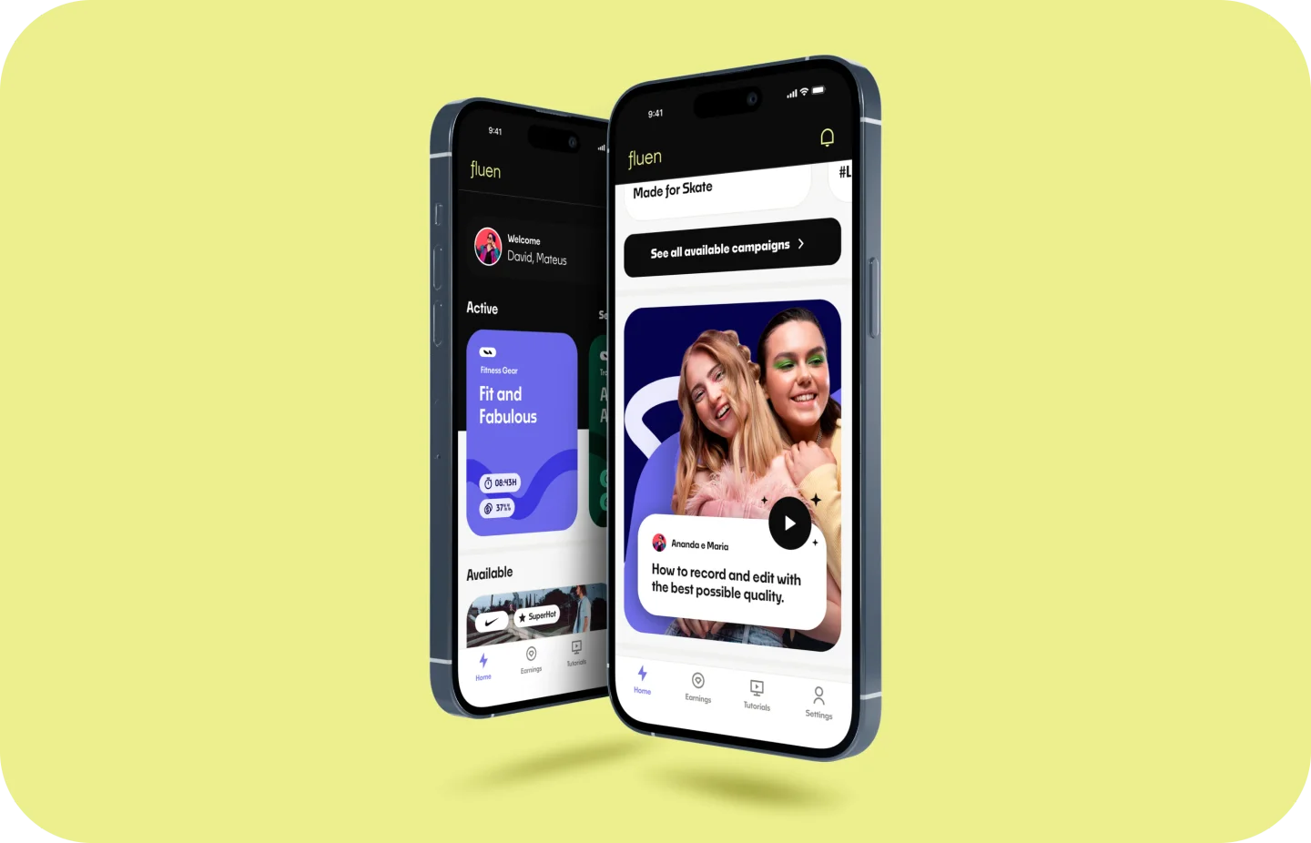 Interfaces do aplicativo Fluen apresentadas em dois celulares