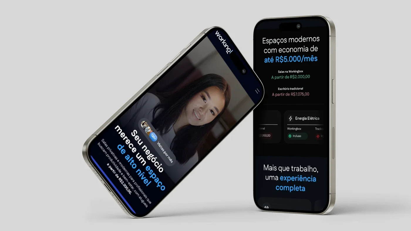 Site da Workingbox apresentado em dois celulares